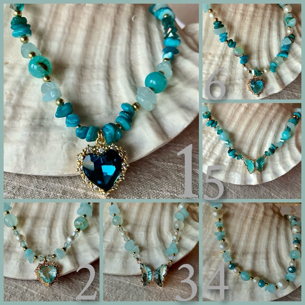 BLUE Heart and Butterfly Necklaces with natural stones